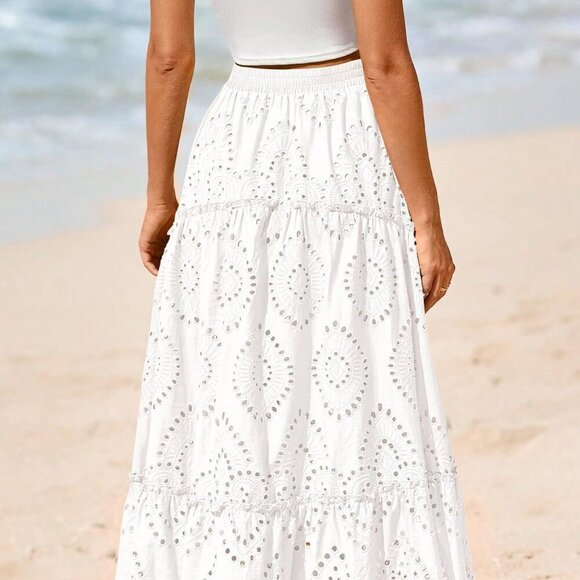 White Boho Women's Tiered Flowy Maxi Skirt with Lace Embroidery - Picture 3 of 5